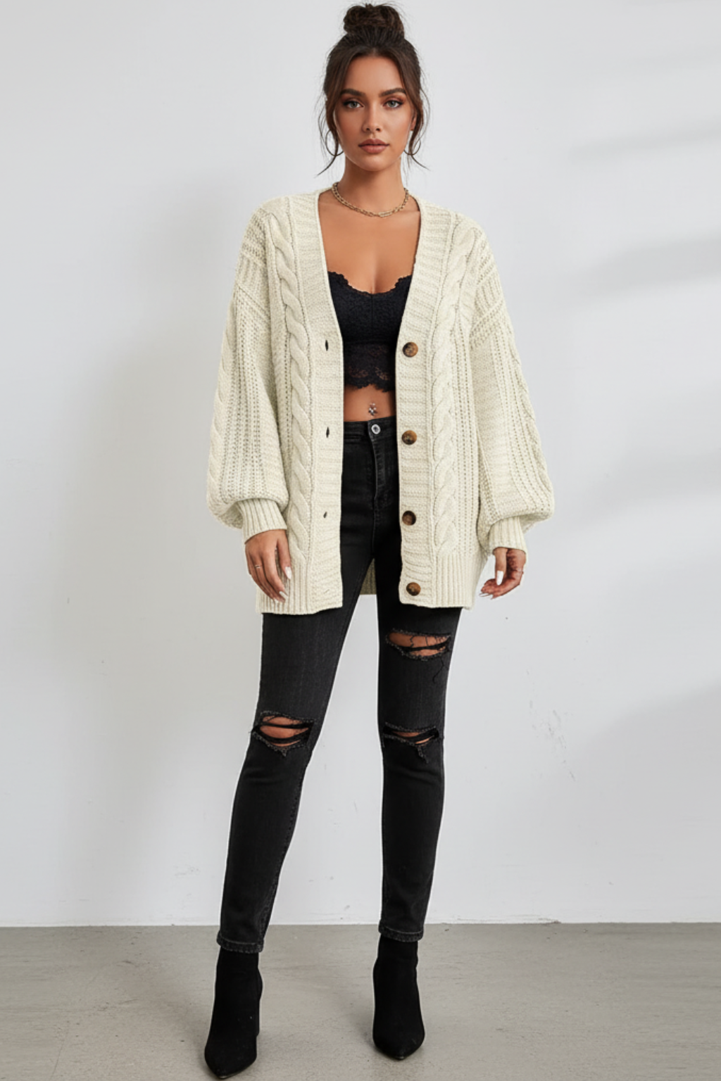 Women's Brown Oversized Cable Knit Cardigan