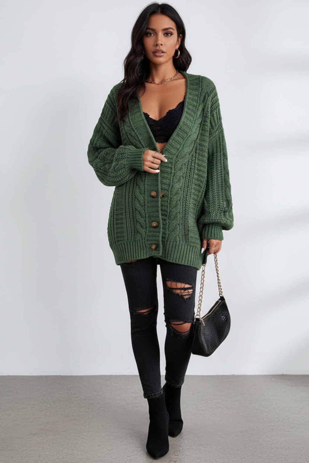 Women's Brown Oversized Cable Knit Cardigan