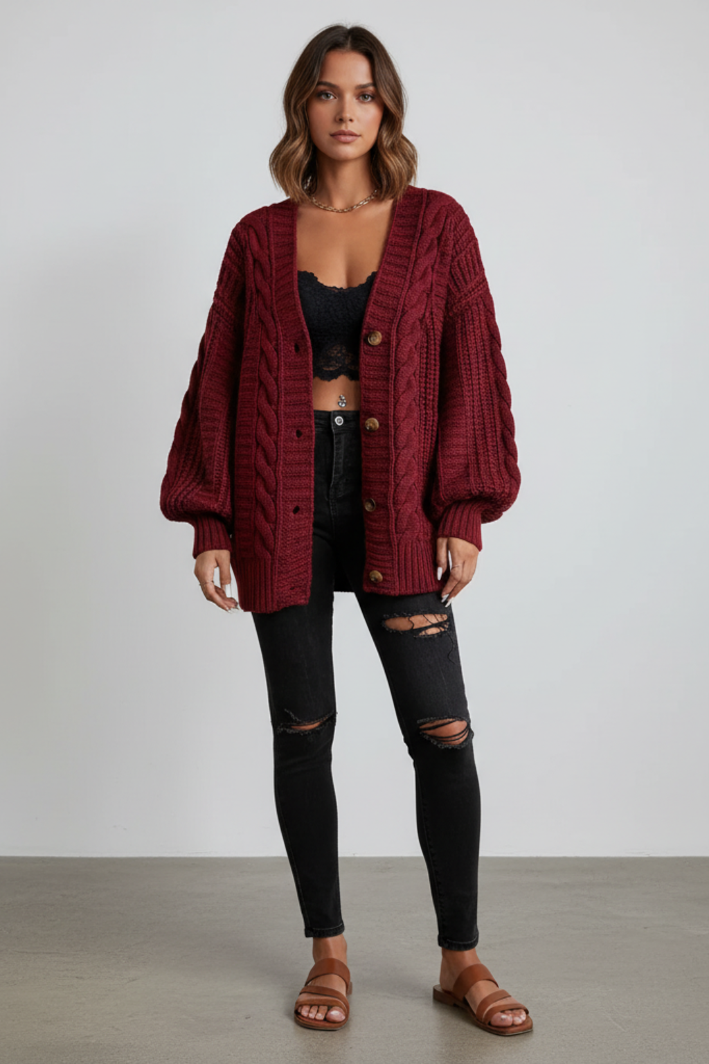 Women's Brown Oversized Cable Knit Cardigan