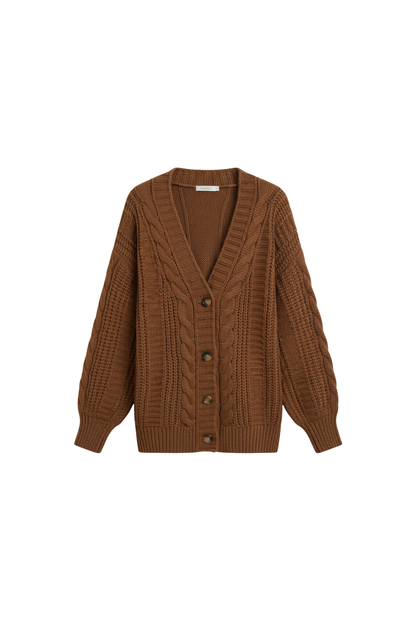 Women's Brown Oversized Cable Knit Cardigan in Brown