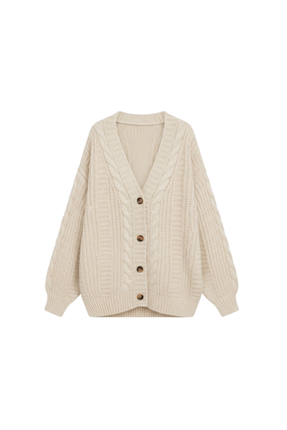Women's Brown Oversized Cable Knit Cardigan in Beige