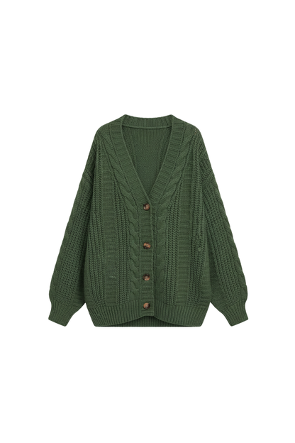 Women's Brown Oversized Cable Knit Cardigan in Green