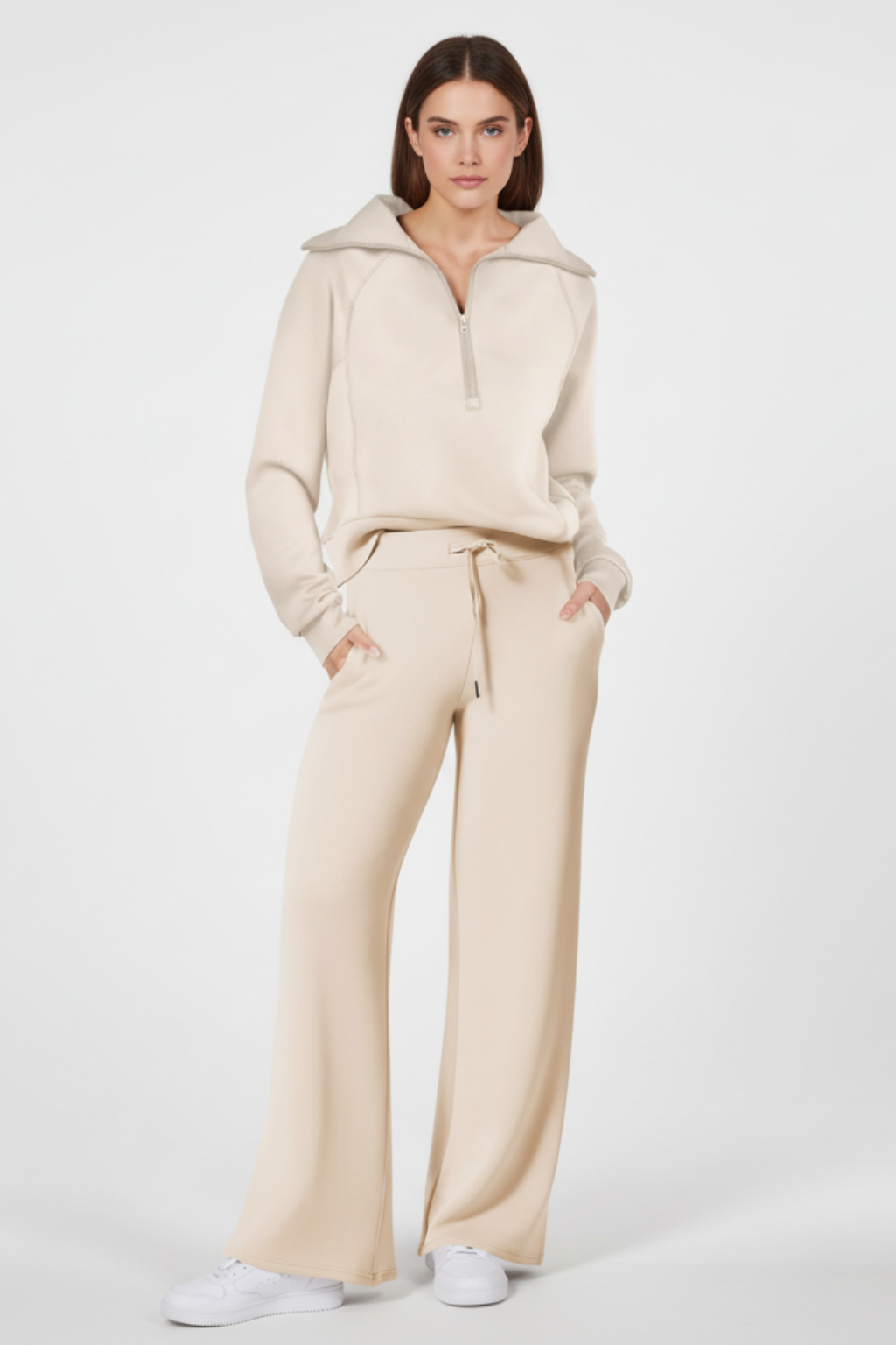 Women's Relaxed Fit Zip Up Lightweight Two Piece Set in Beige