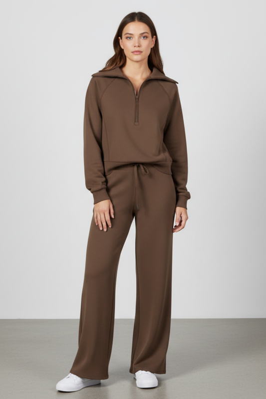 Women's Relaxed Fit Zip Up Lightweight Two Piece Set in Brown