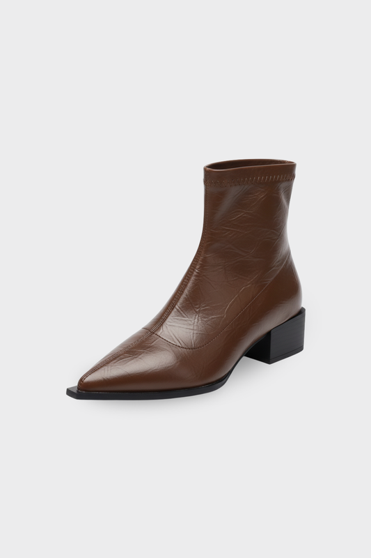 Women's Block Heel Pointed Toe Ankle Boots in Brown