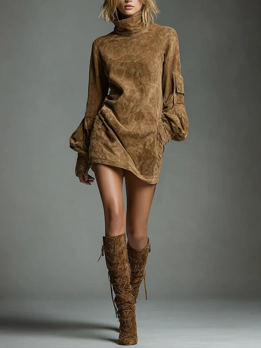 Women's Brown High Neck Puff Sleeve Maxi Dress