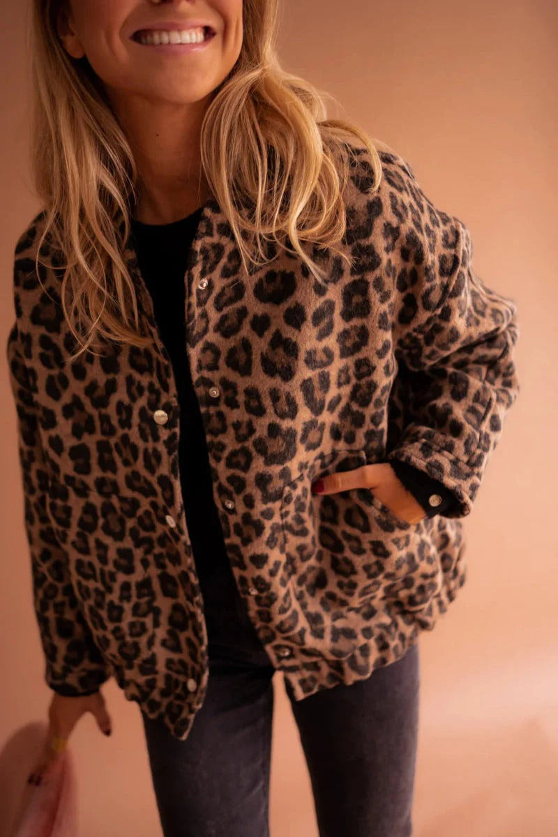 Women's Brown Leopard Print Button Front Bomber Jacket
