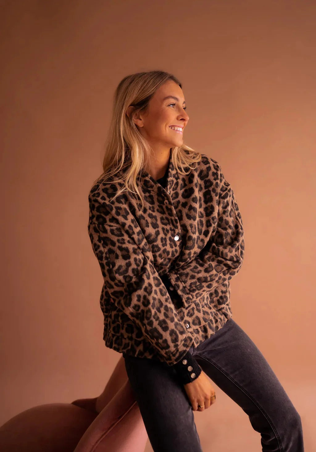 Women's Brown Leopard Print Button Front Bomber Jacket view 2