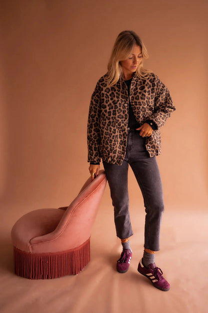 Women's Brown Leopard Print Button Front Bomber Jacket view 3