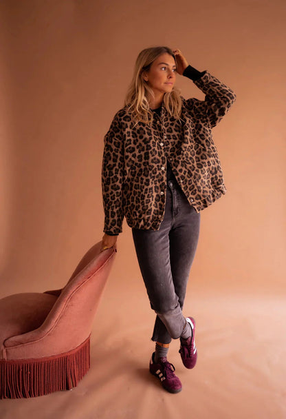 Women's Brown Leopard Print Button Front Bomber Jacket view 4