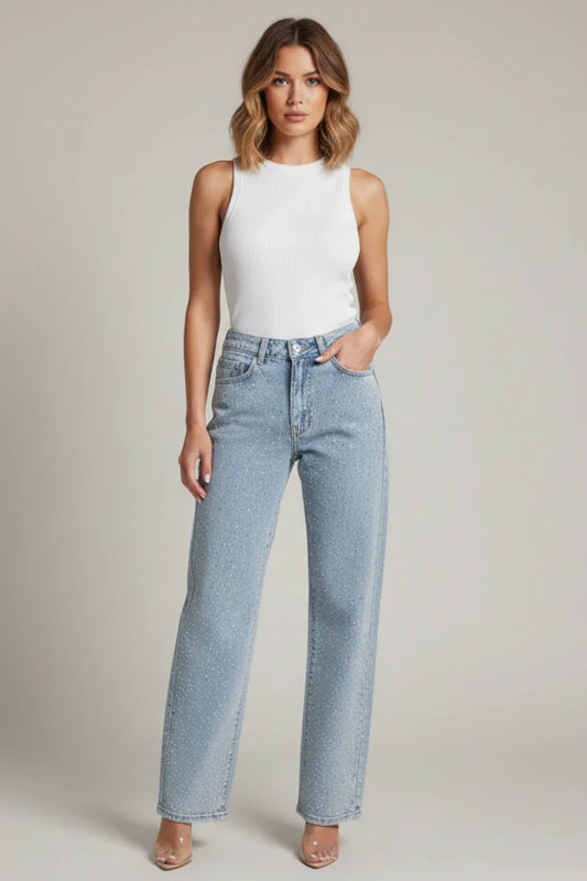 Women's Blue Straight Leg Sequin Jeans in Blue