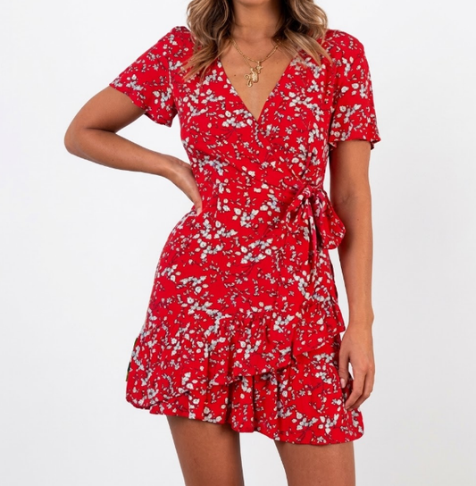 Women's Red Floral Short Sleeve Casual Mini Dress in Red