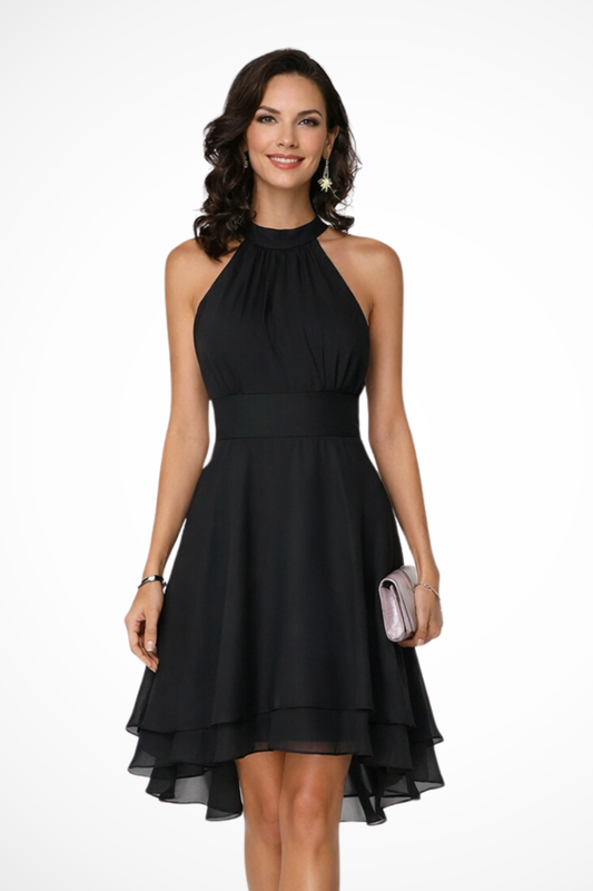 Women's High Neck Ruched Mini Dress in Black