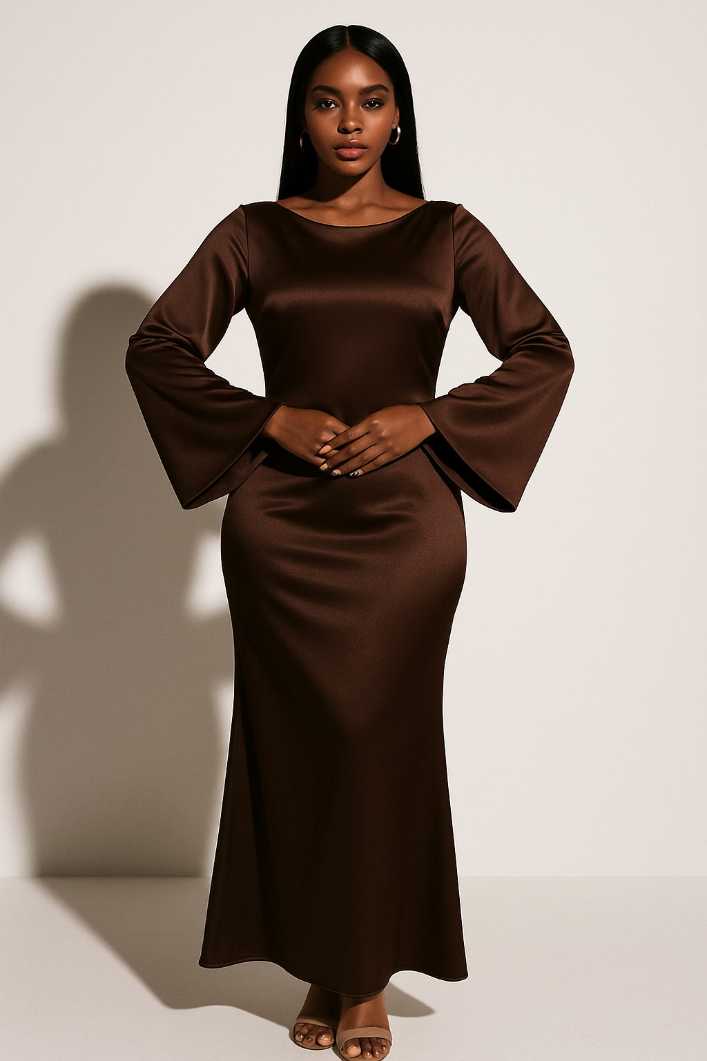Women's Long Sleeve Wedding Guest Dress in Dark Brown