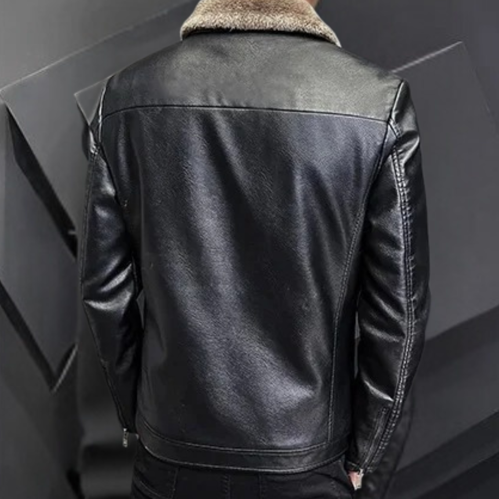 Men's Fleece Lined Fur Collar Faux Leather Jacket