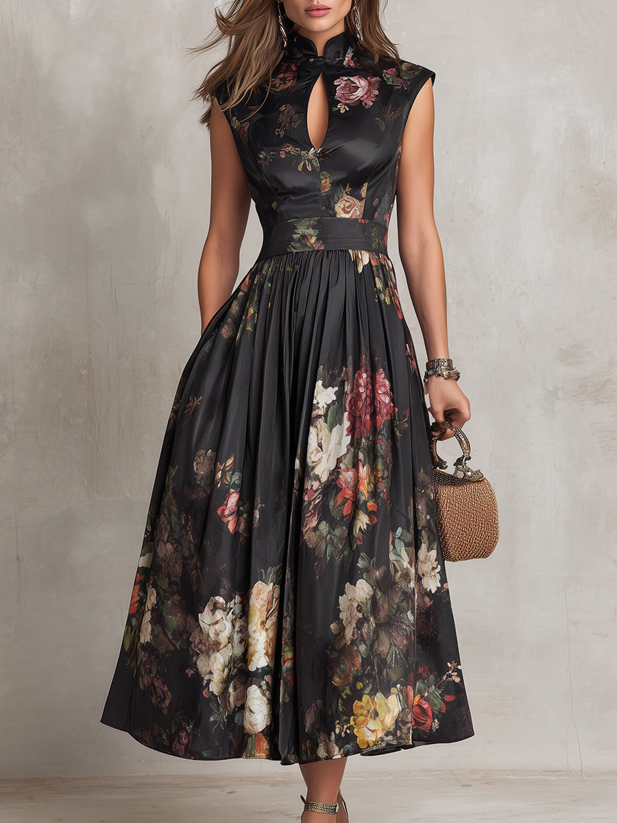 Women's Black Floral High Neck Midi Dress