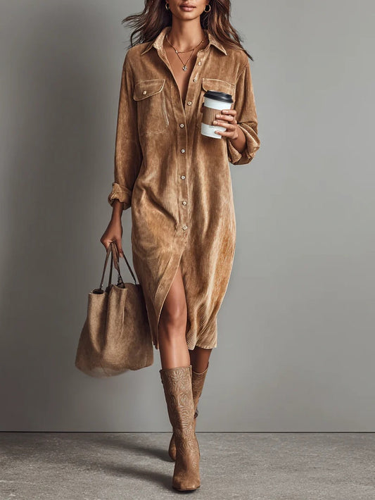 Women's Brown Long Sleeve Side Split Button Front Maxi Dress