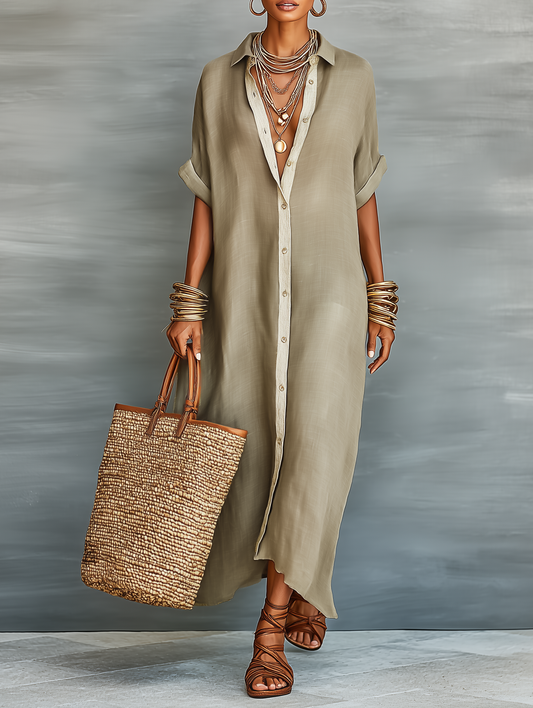 Women's Relaxed Fit Short Sleeve Belted Button Front Maxi Dress in Beige