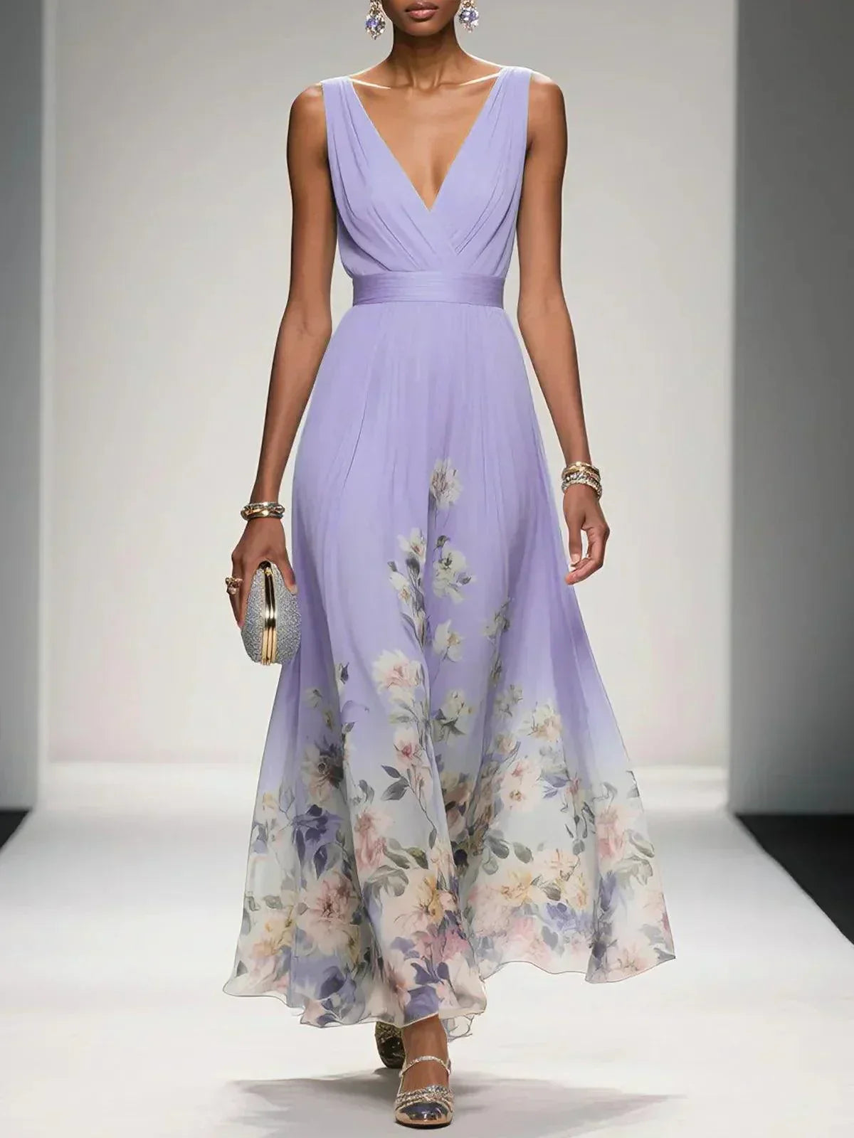Women's Floral Pleated Maxi Dress in Purple