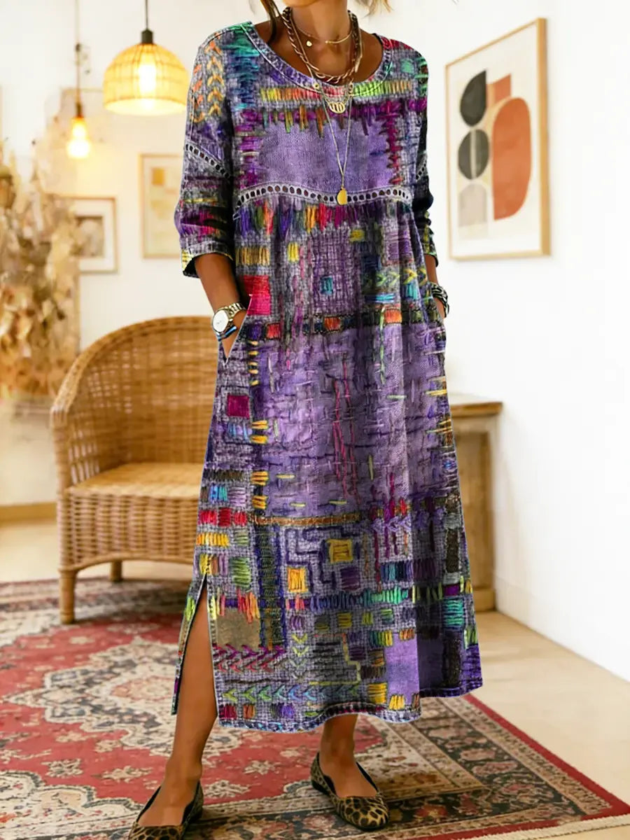Women's Abstract Print Side Split Midi Dress in Purple