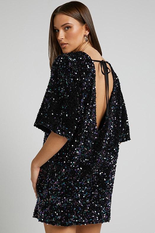 Women's Open Back Sequin Mini Dress in Black