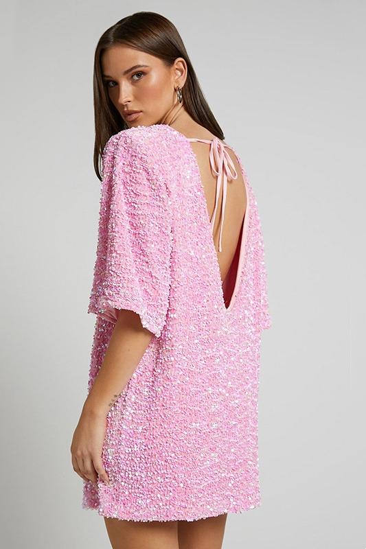 Women's Open Back Sequin Mini Dress in Pink