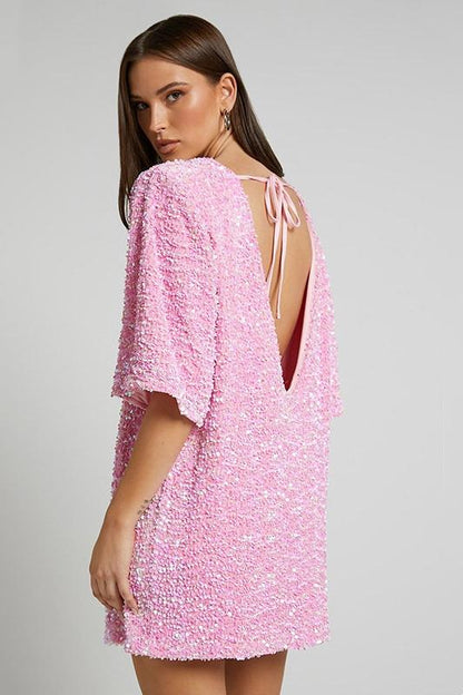 Women's Open Back Sequin Mini Dress in Pink