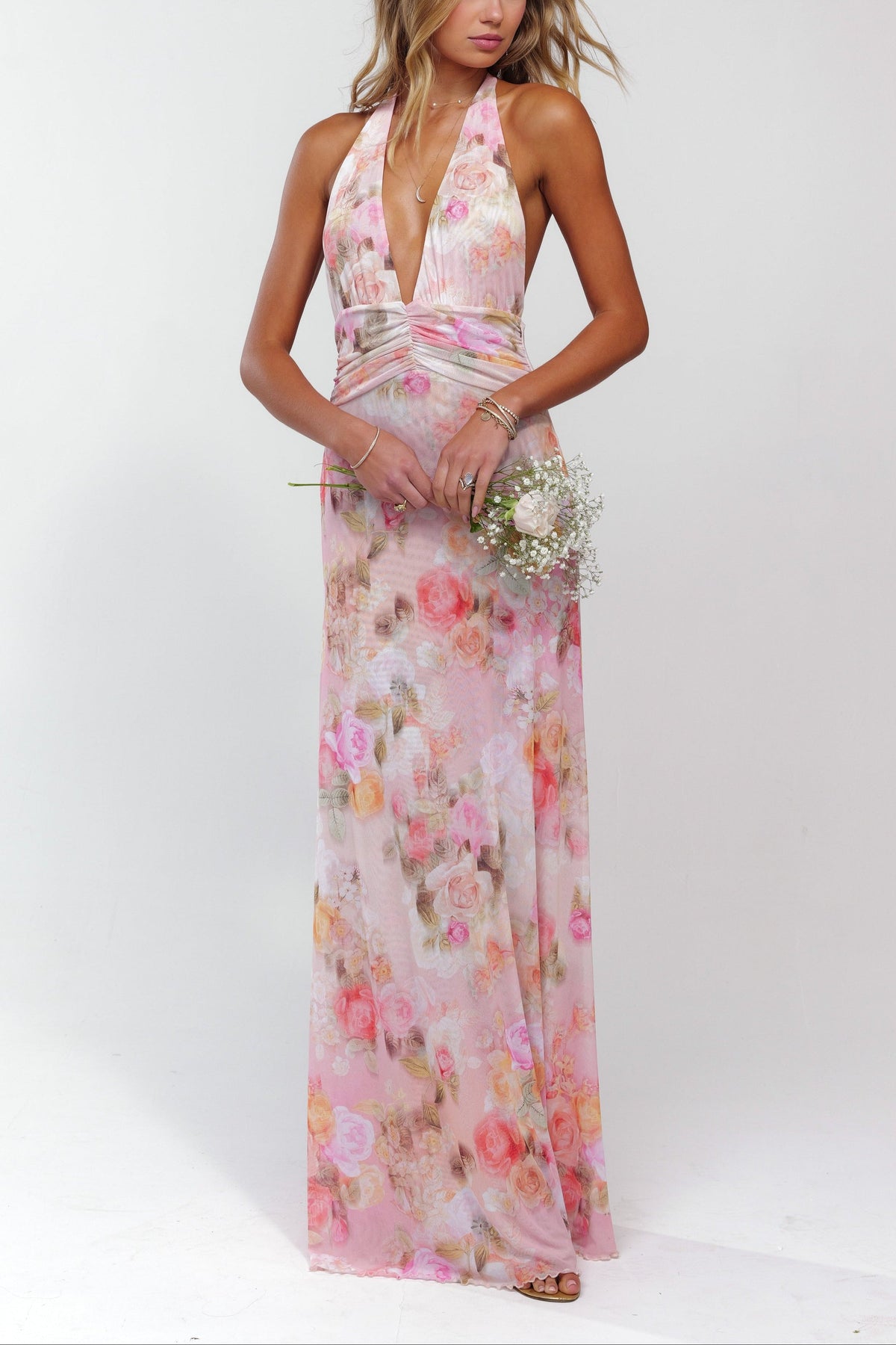 Women's Pink Halter Neck Ruched Open Back Wedding Guest Dress in Pink