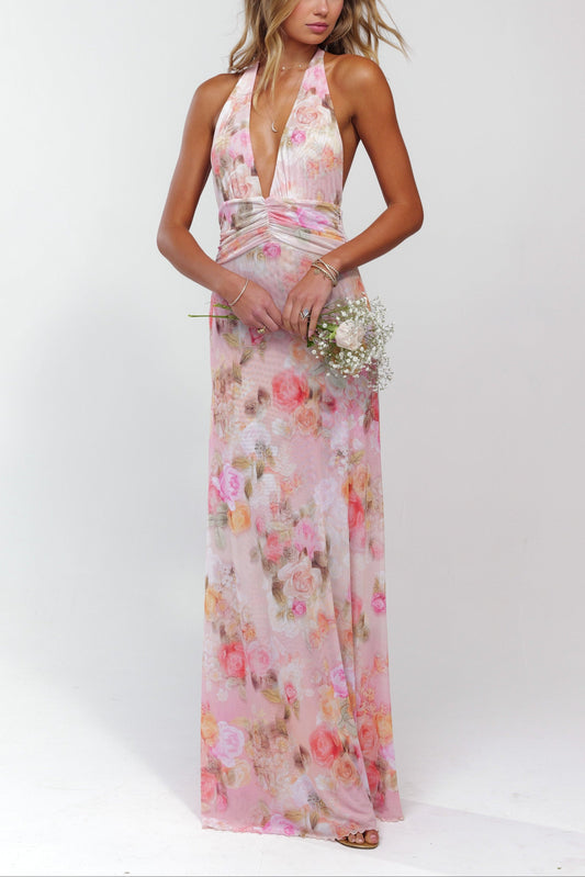 Women's Pink Halter Neck Ruched Open Back Wedding Guest Dress in Pink
