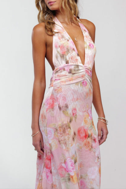 Women's Pink Halter Neck Ruched Open Back Wedding Guest Dress