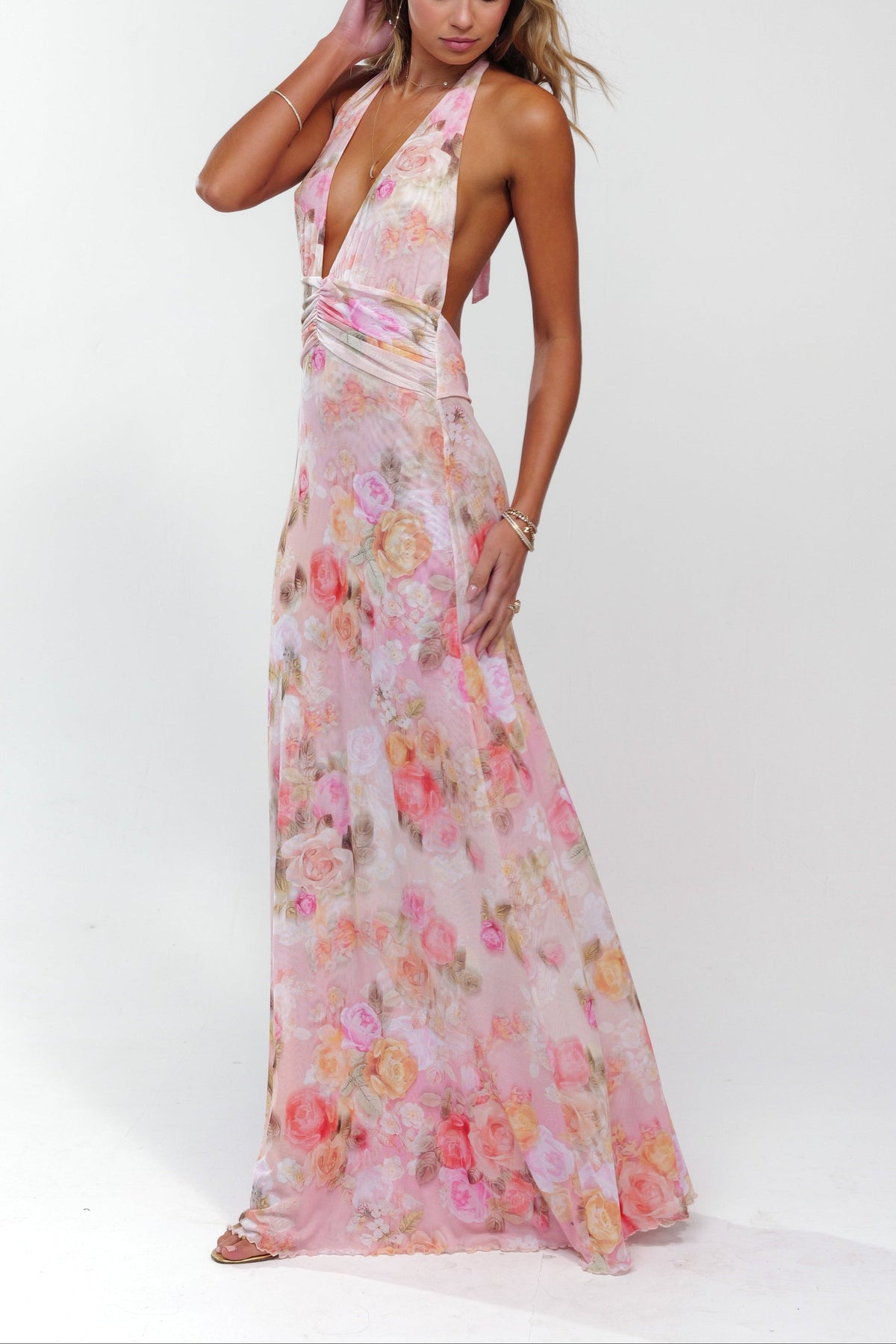Women's Pink Halter Neck Ruched Open Back Wedding Guest Dress