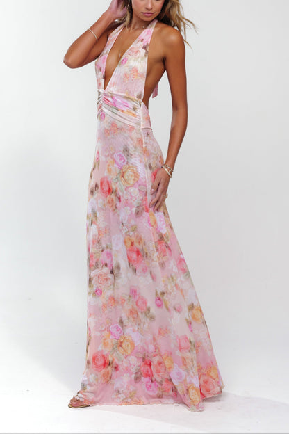 Women's Pink Halter Neck Ruched Open Back Wedding Guest Dress