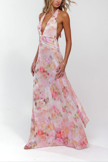 Women's Pink Halter Neck Ruched Open Back Wedding Guest Dress