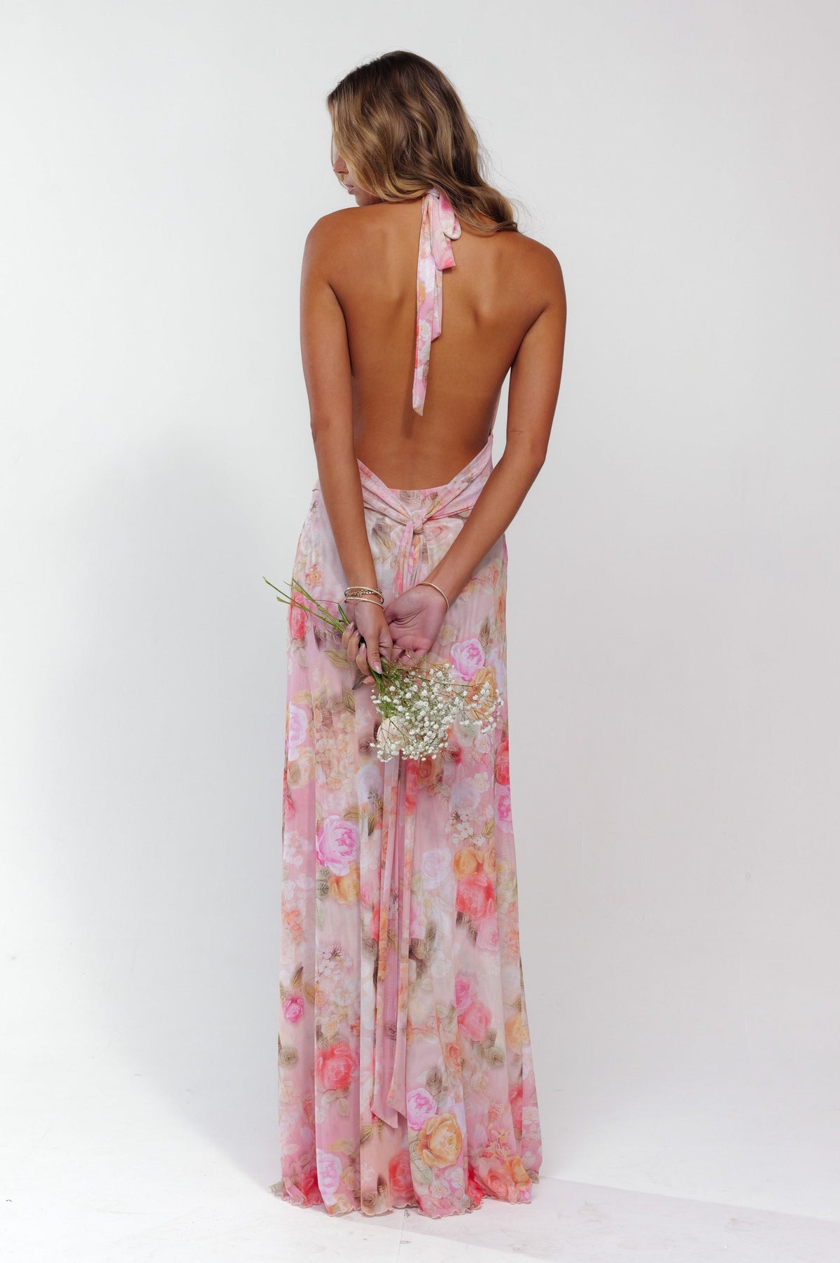Women's Pink Halter Neck Ruched Open Back Wedding Guest Dress
