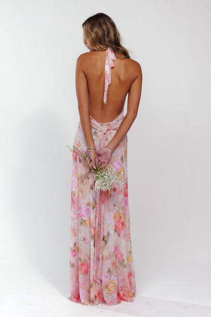 Women's Pink Halter Neck Ruched Open Back Wedding Guest Dress