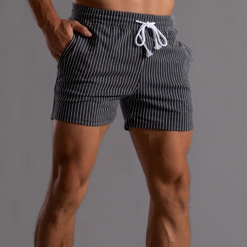 Men's Striped Drawstring Sheer Panel Quick Dry Swim Shorts in Charcoal Grey