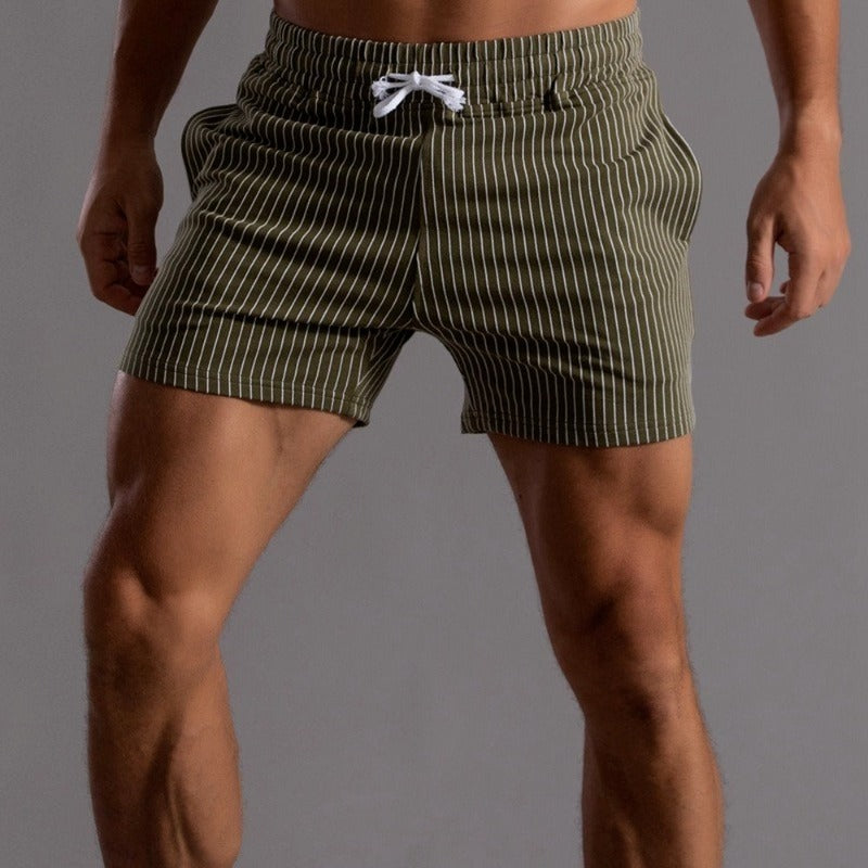 Men's Striped Drawstring Sheer Panel Quick Dry Swim Shorts in Green