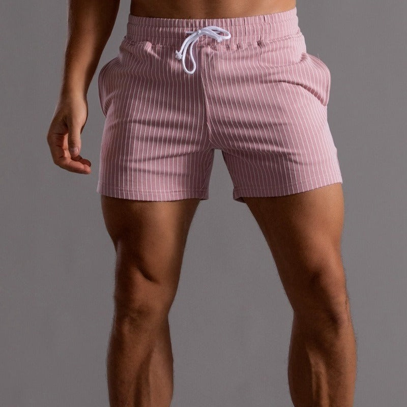 Men's Striped Drawstring Sheer Panel Quick Dry Swim Shorts in Pink
