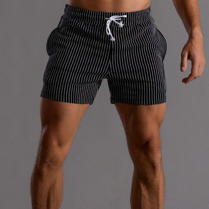 Men's Striped Drawstring Sheer Panel Quick Dry Swim Shorts in Black