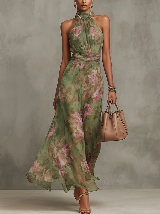 Women's Green Floral Halter Neck Maxi Dress