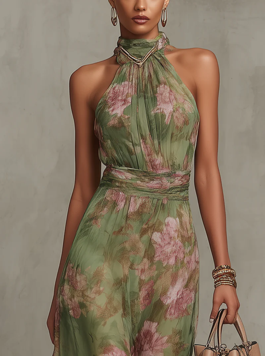Women's Green Floral Halter Neck Maxi Dress in Green
