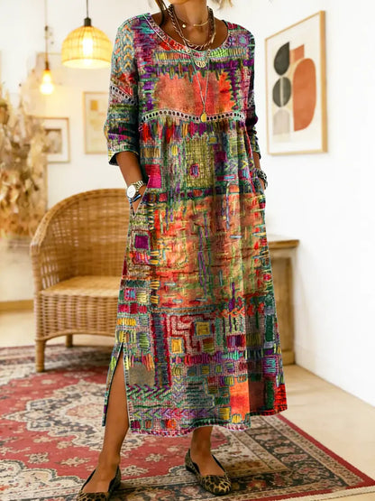Women's Abstract Print Side Split Midi Dress in Orange
