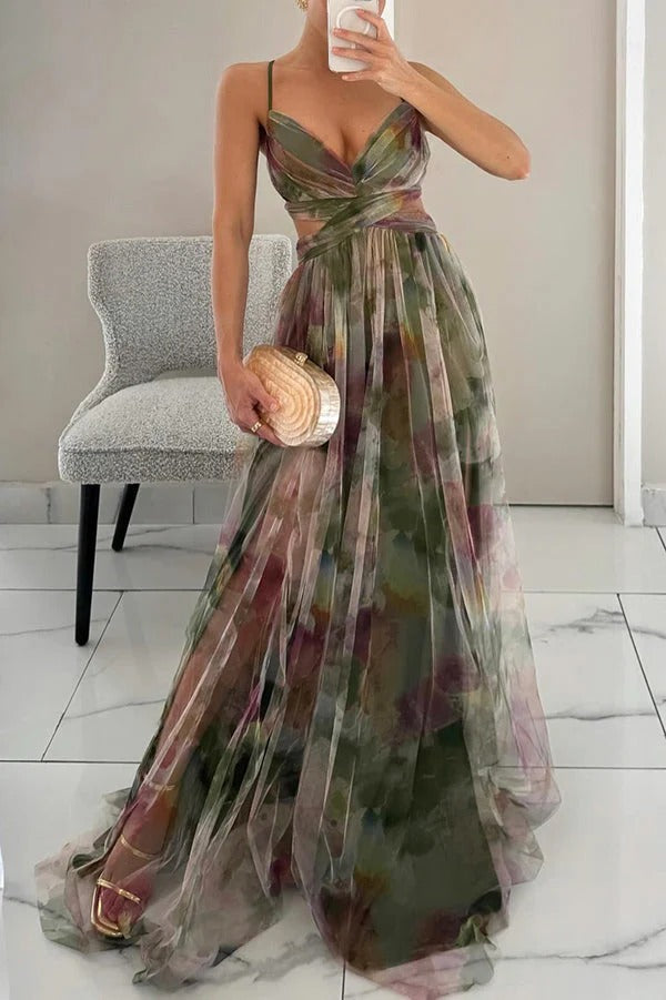Women's Orange V Neck Wedding Guest Dress in Green