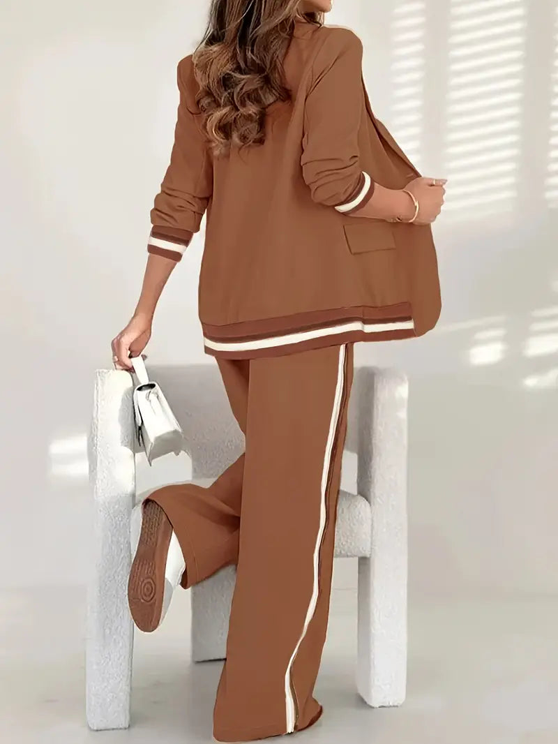 Women's Striped Piping Contrast Trim Tailored Loungewear Set