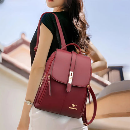 Women's Gold Hardware Flap Top Backpack in Burgundy