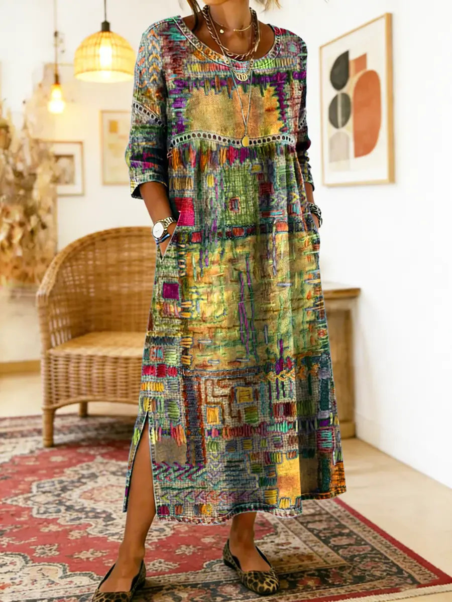 Women's Abstract Print Side Split Midi Dress in Yellow