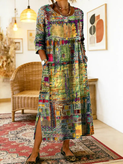 Women's Abstract Print Side Split Midi Dress in Yellow
