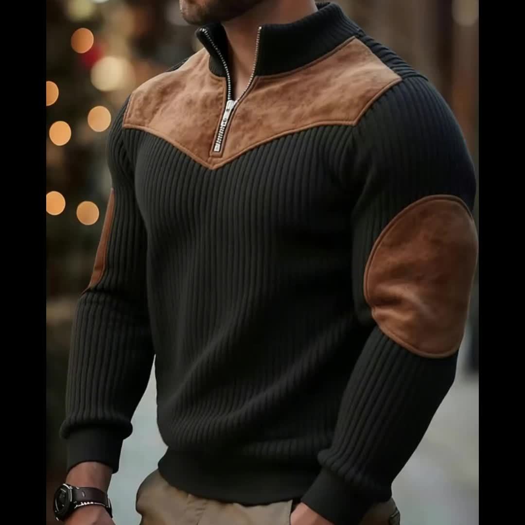 Men's Ribbed Knitted Half Zip Vintage Jumper in Black