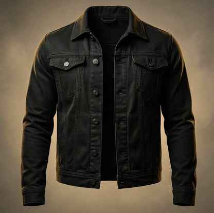 Men's Azure Blue Denim Jacket in Obsidian Black