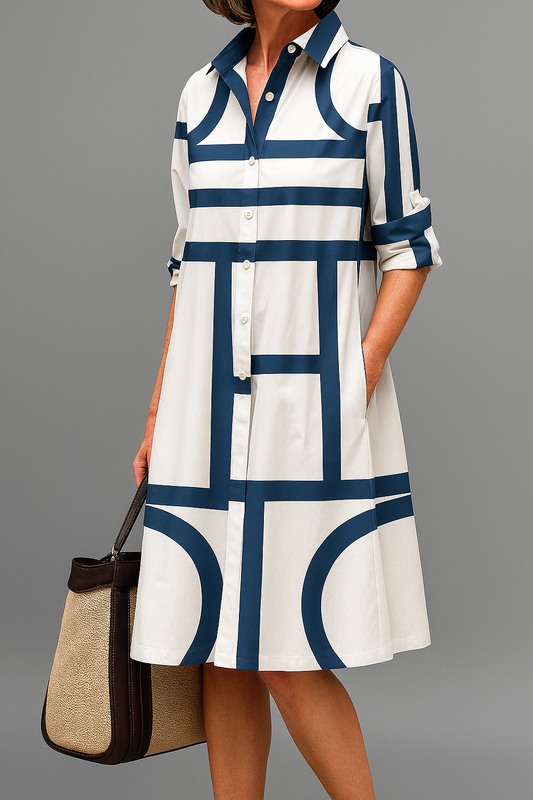 Women's Flowing Midi Dress in White Blue